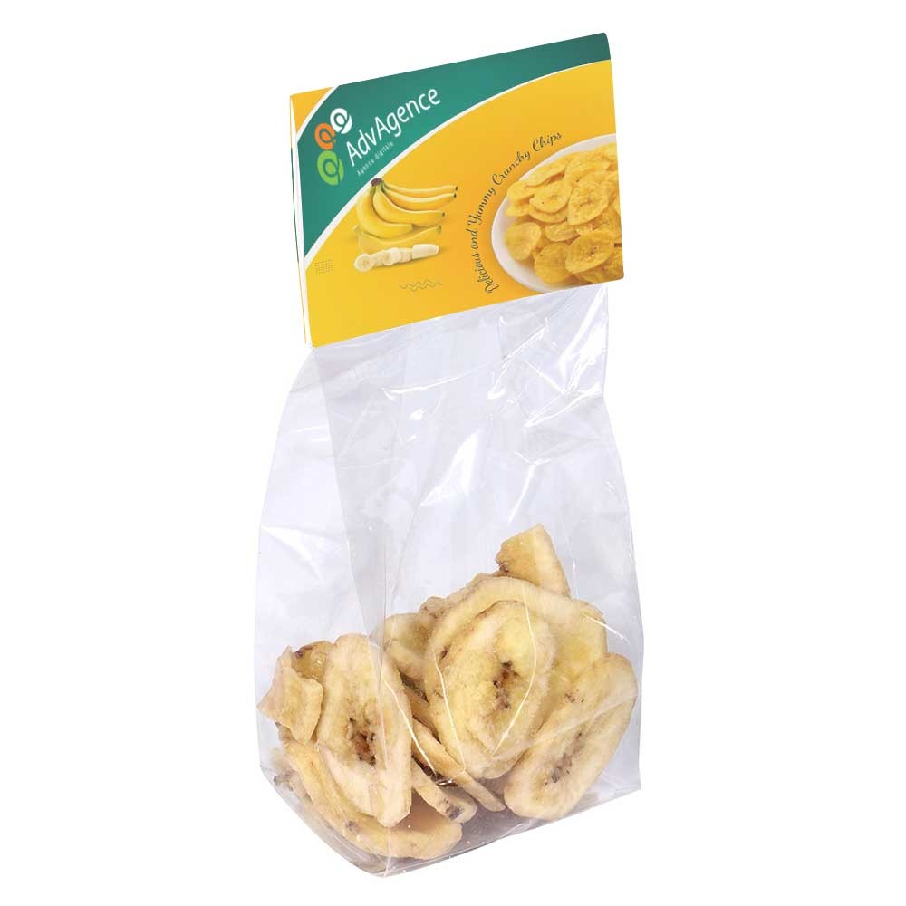 Sac transparent avec carte d'en-tête imprimée en couleur complète, rempli d'environ 40 g de chips de banane - Magne
