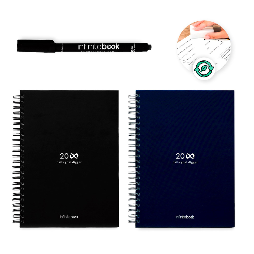 STARTERKIT INFINITE PLANNER A5. Das Set besteht aus einem 'infinite Diary', einem Reinigungsset, einem Marker und einem Markerhalter.