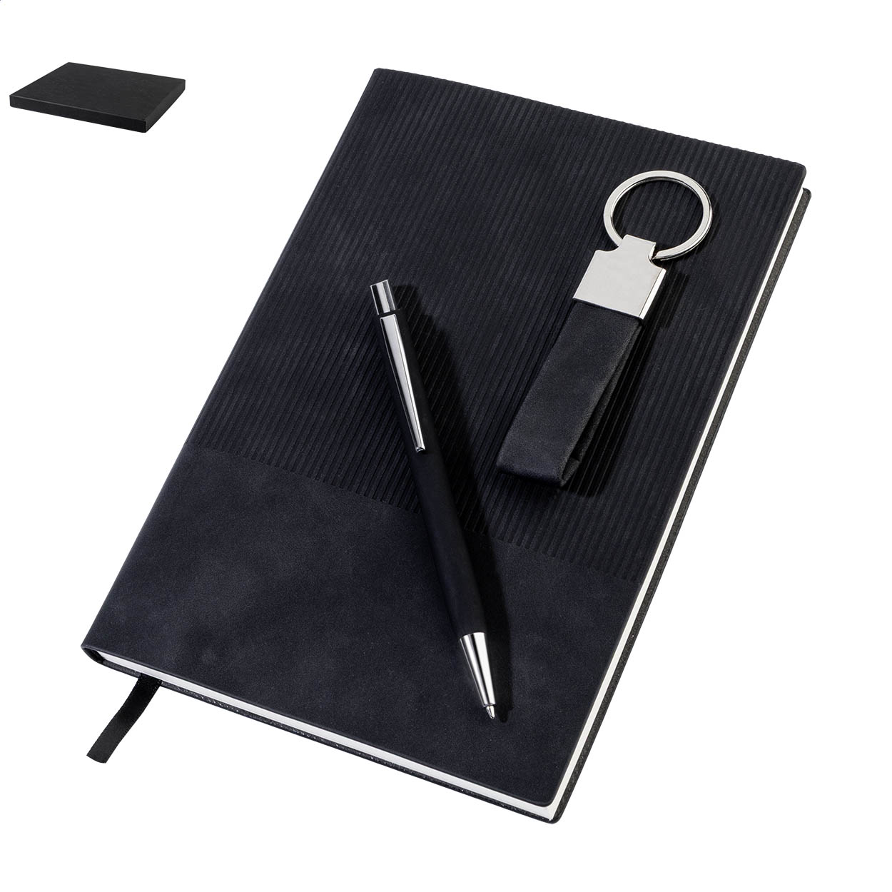 Coffret cadeau Dono Trio : carnet A5, stylo et porte-clés en PU recyclé