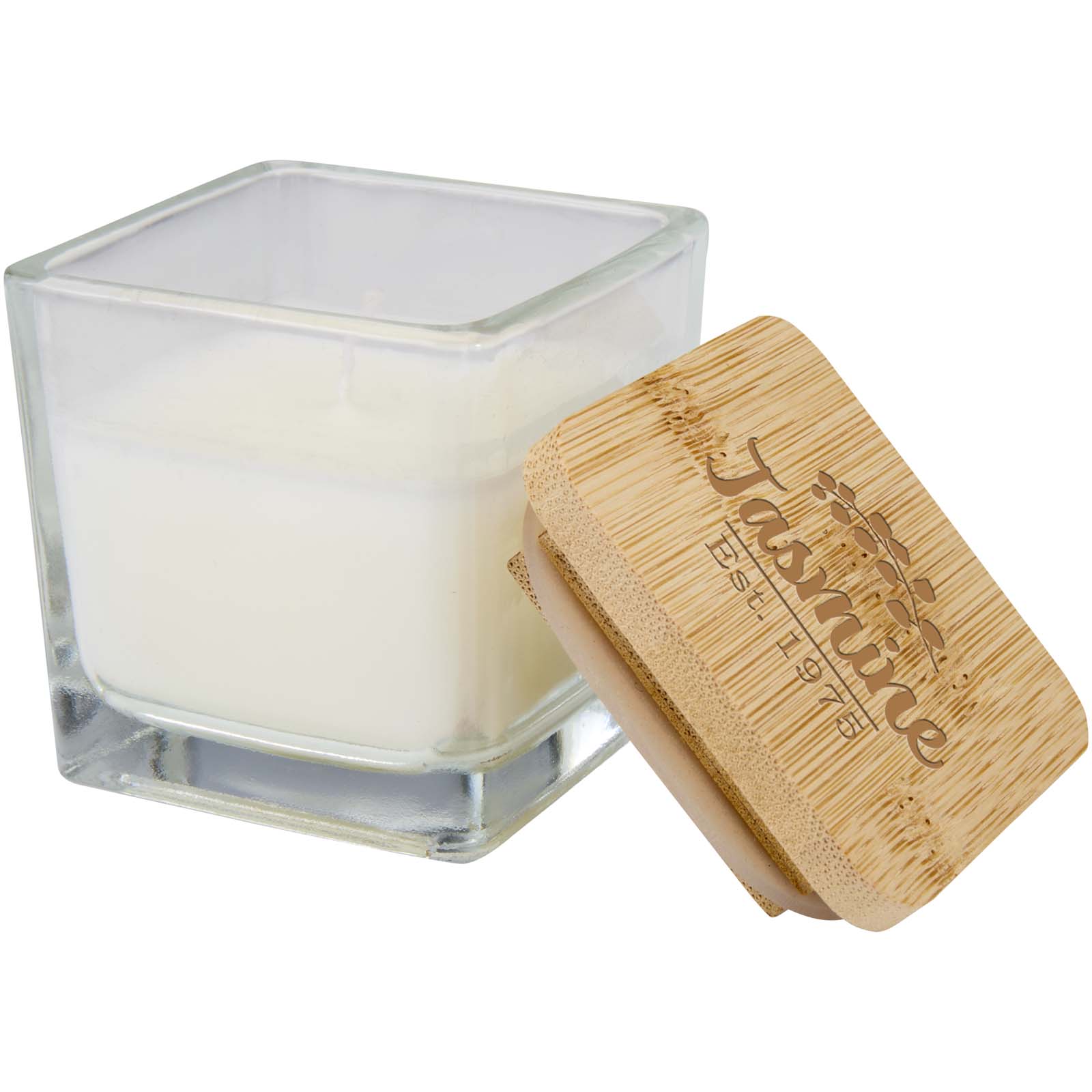 Bougie en verre carré Ambra avec couvercle en bambou