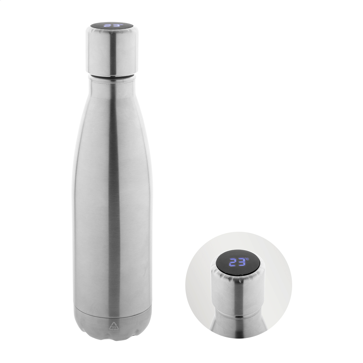 Bouteille isotherme Reverest en inox recyclé avec thermomètre LED, 500 ml