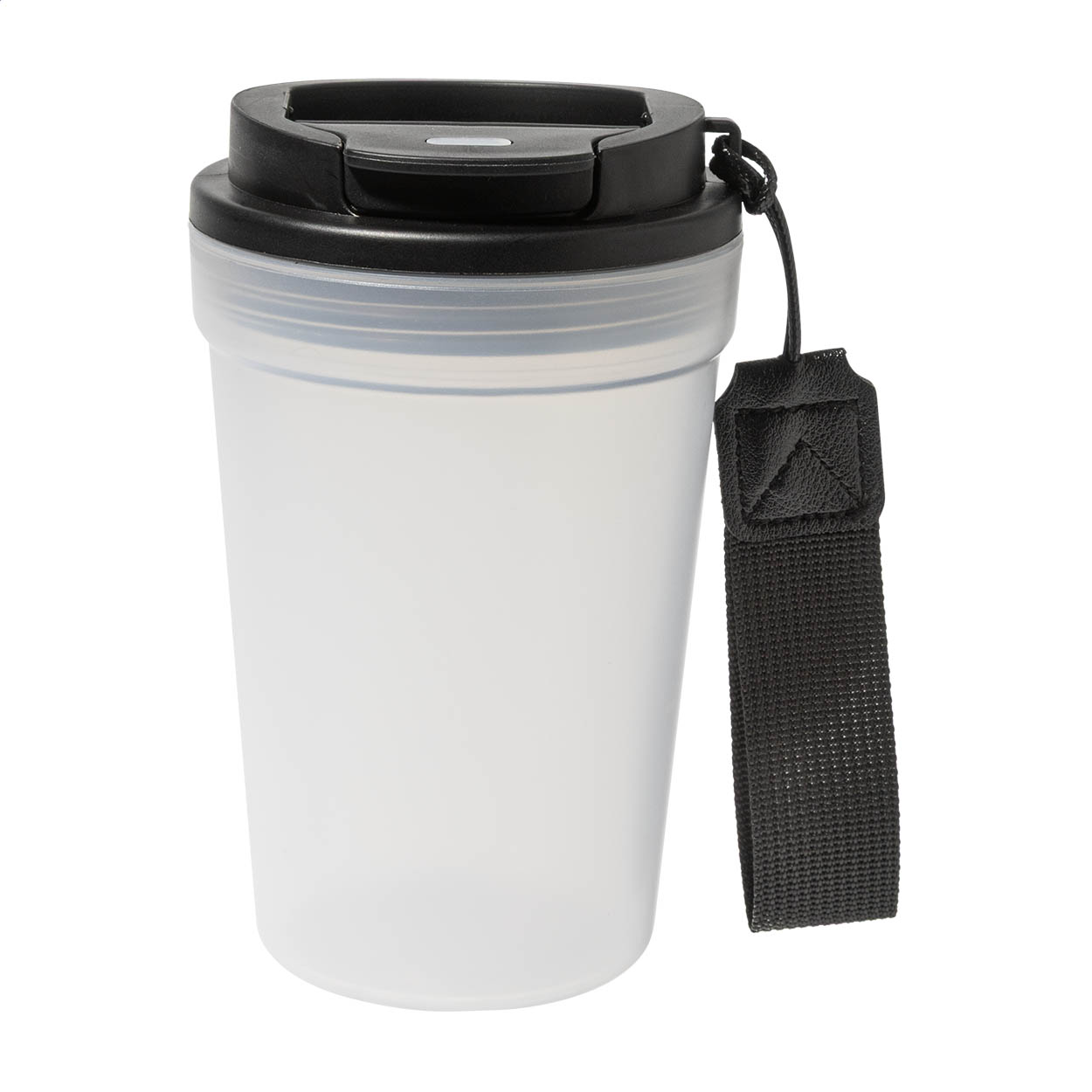 Frobbu Reisebecher aus mattiertem PP mit Schlaufe, 400 ml, mit Ihrem Logo