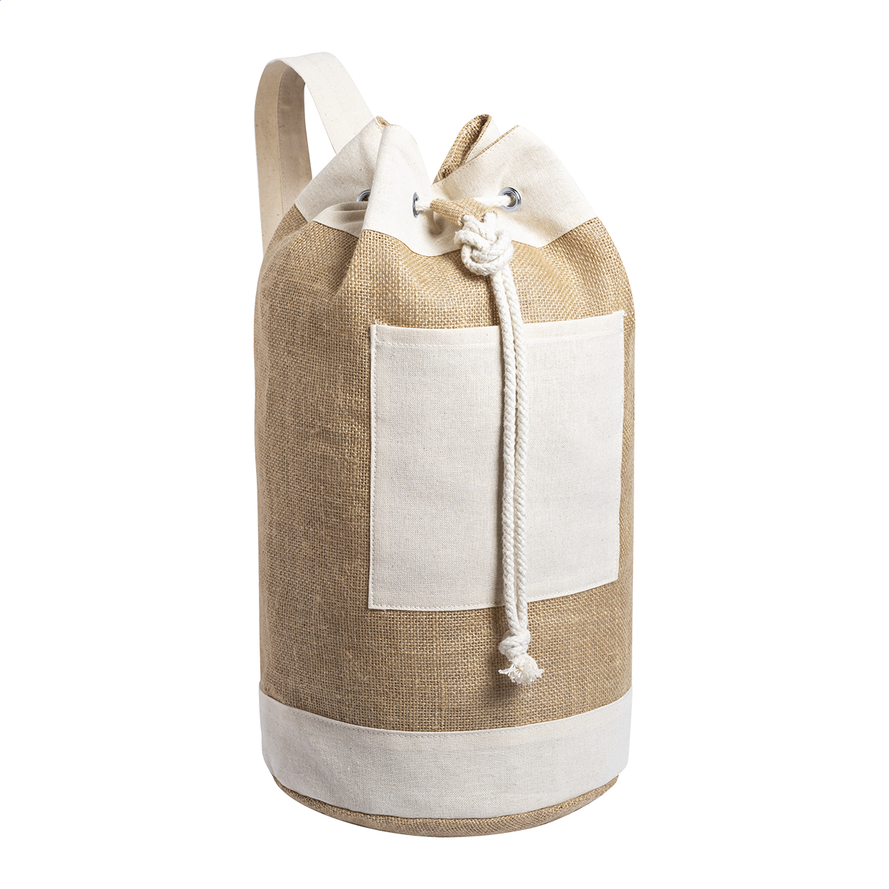 Sac marin Balandra personnalisé en jute avec poche avant en coton imprimé avec logo