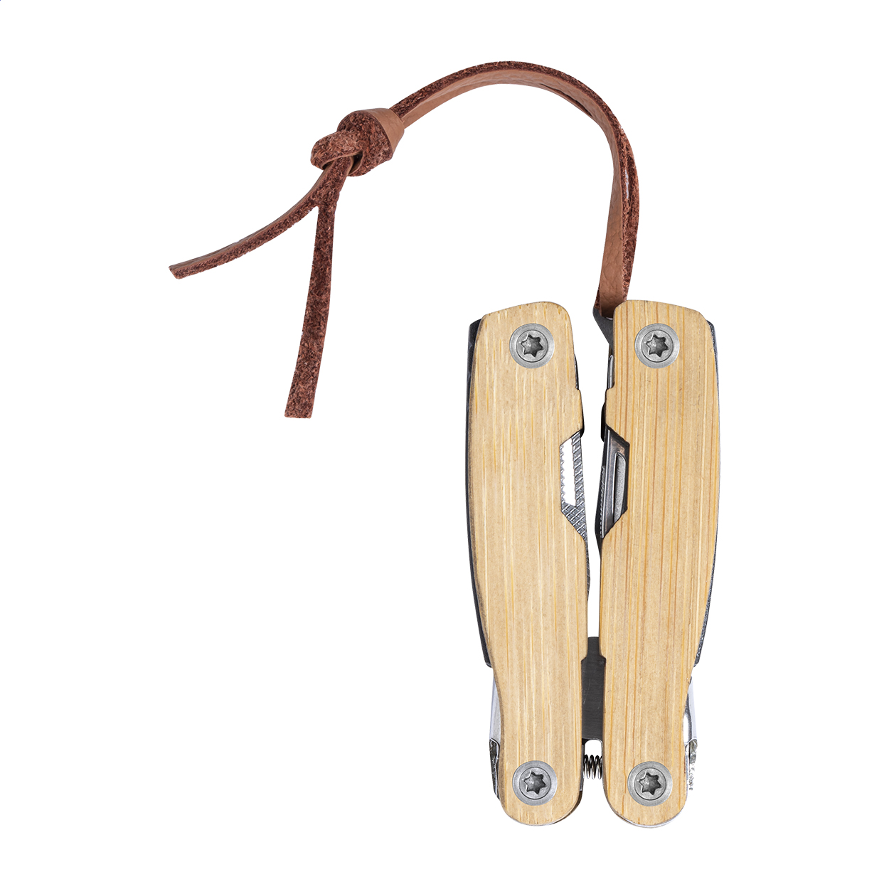 Pince multifonction Hakim personnalisée en inox, manches bambou, 12 fonctions imprimé avec logo