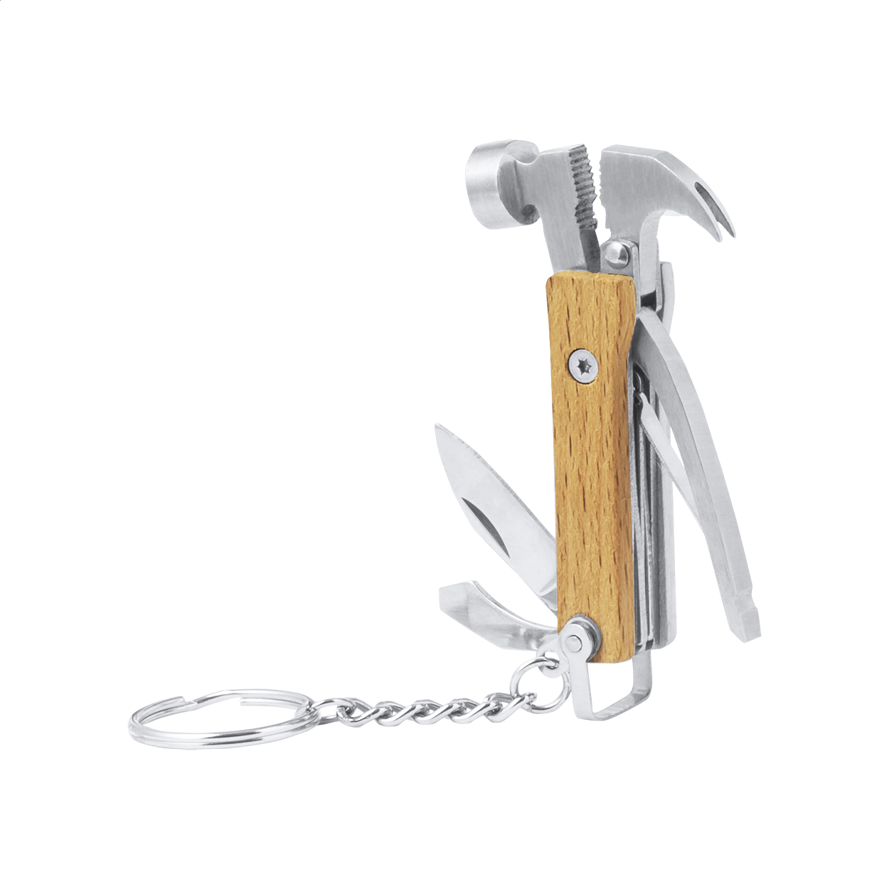 Porte-clés multi-outils Hemverk personnalisé en inox, manche bois, 7 fonctions