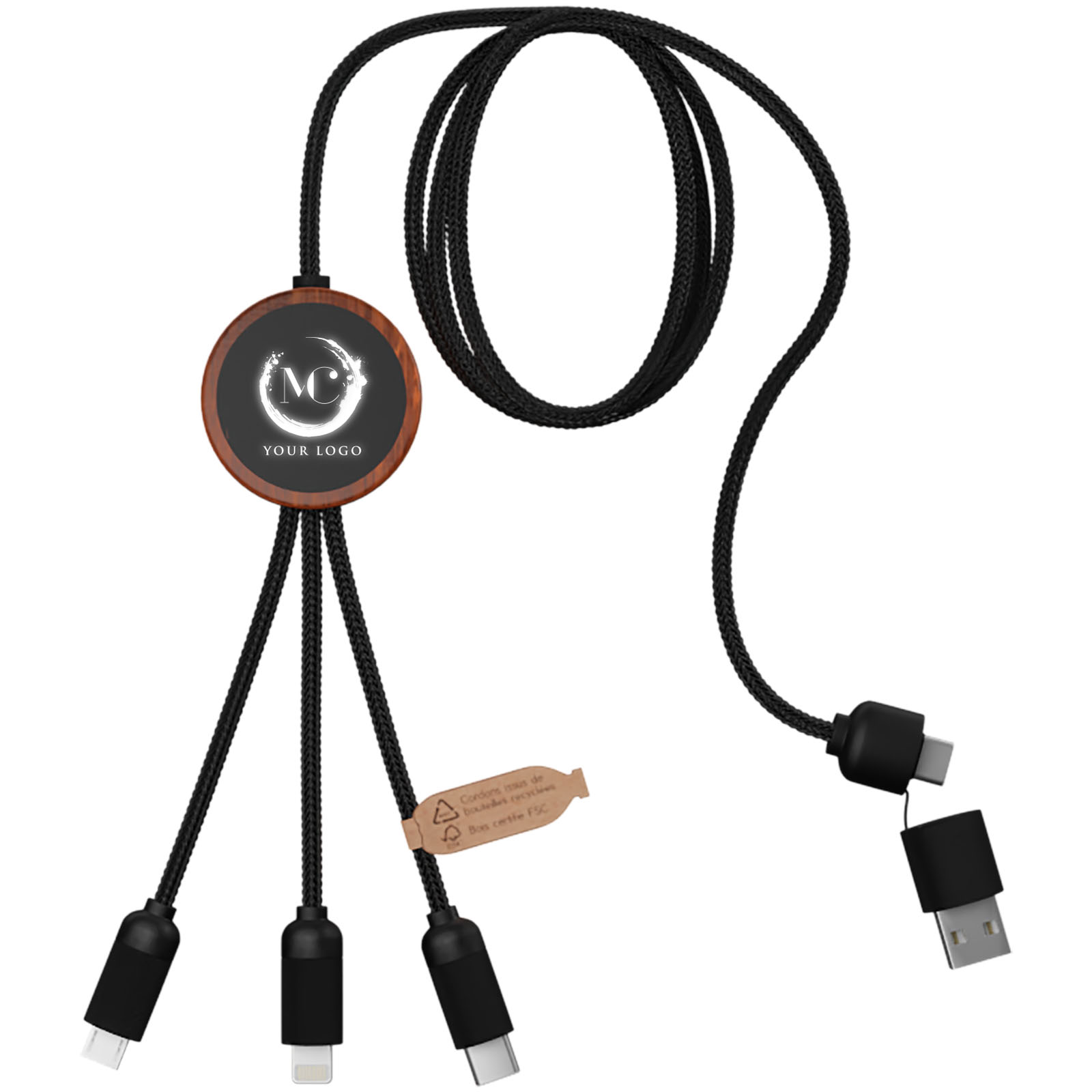 SCX.design C37 40W 5-in-1 Ladekabel aus rPET mit Leuchtlogo und rundem Bambusgehäuse