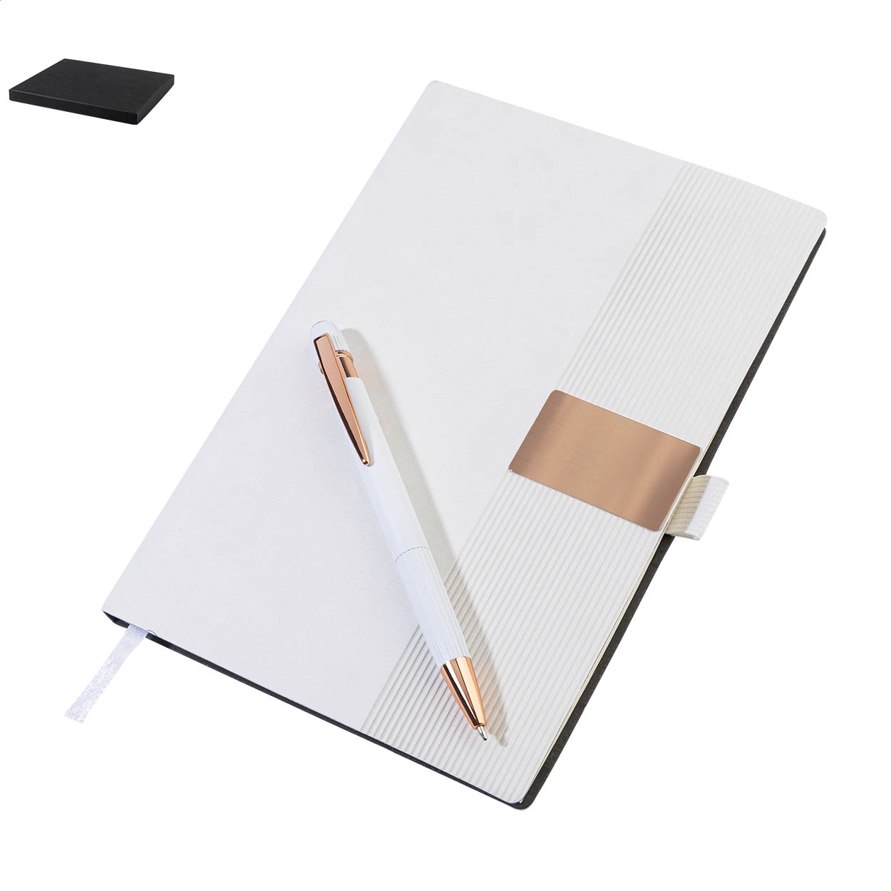 Coffret carnet Rozzet : carnet A5 en PU recyclé et stylo alu recyclé imprimé avec logo