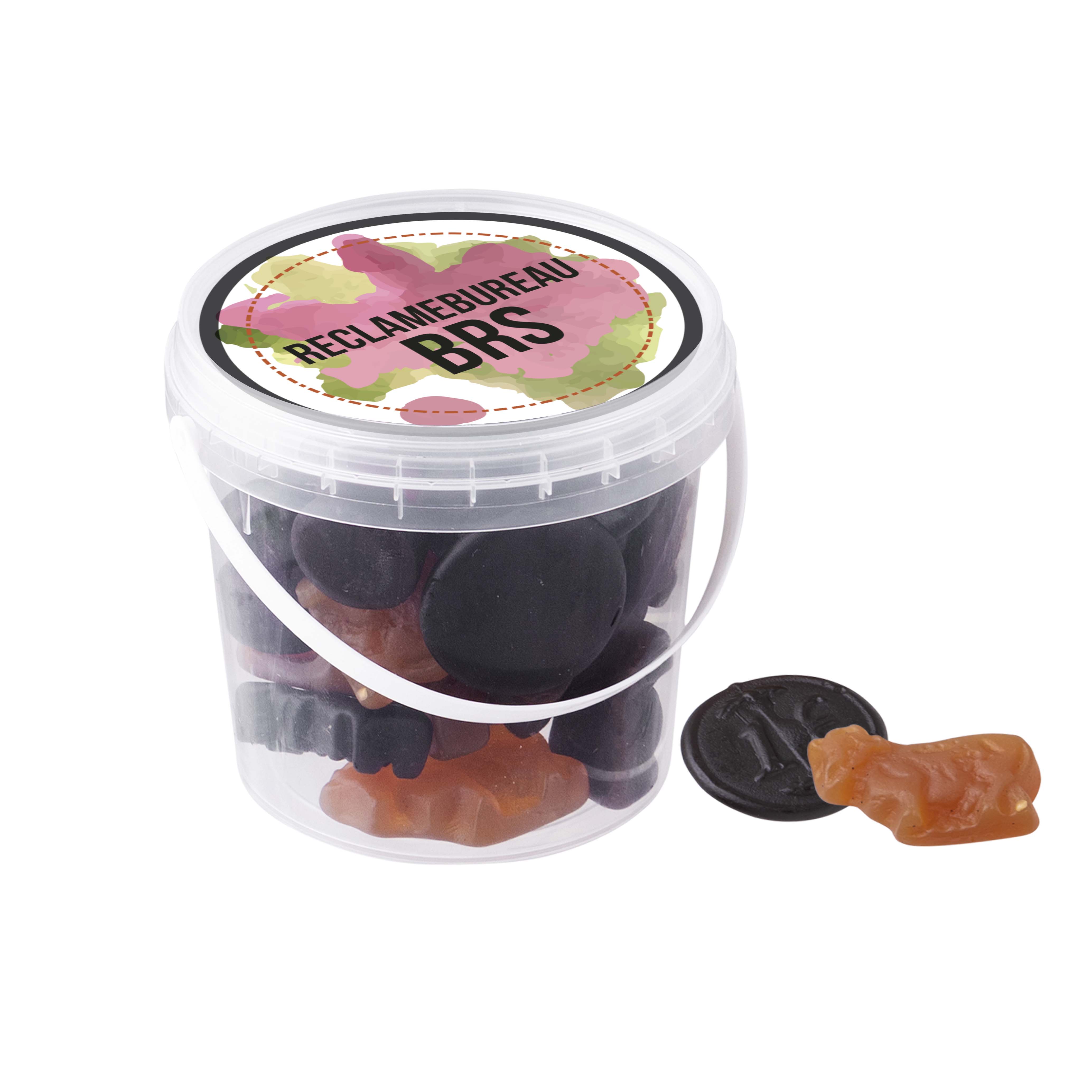 Seau avec des bonbons au réglisse ou des winegums imprimé avec logo
