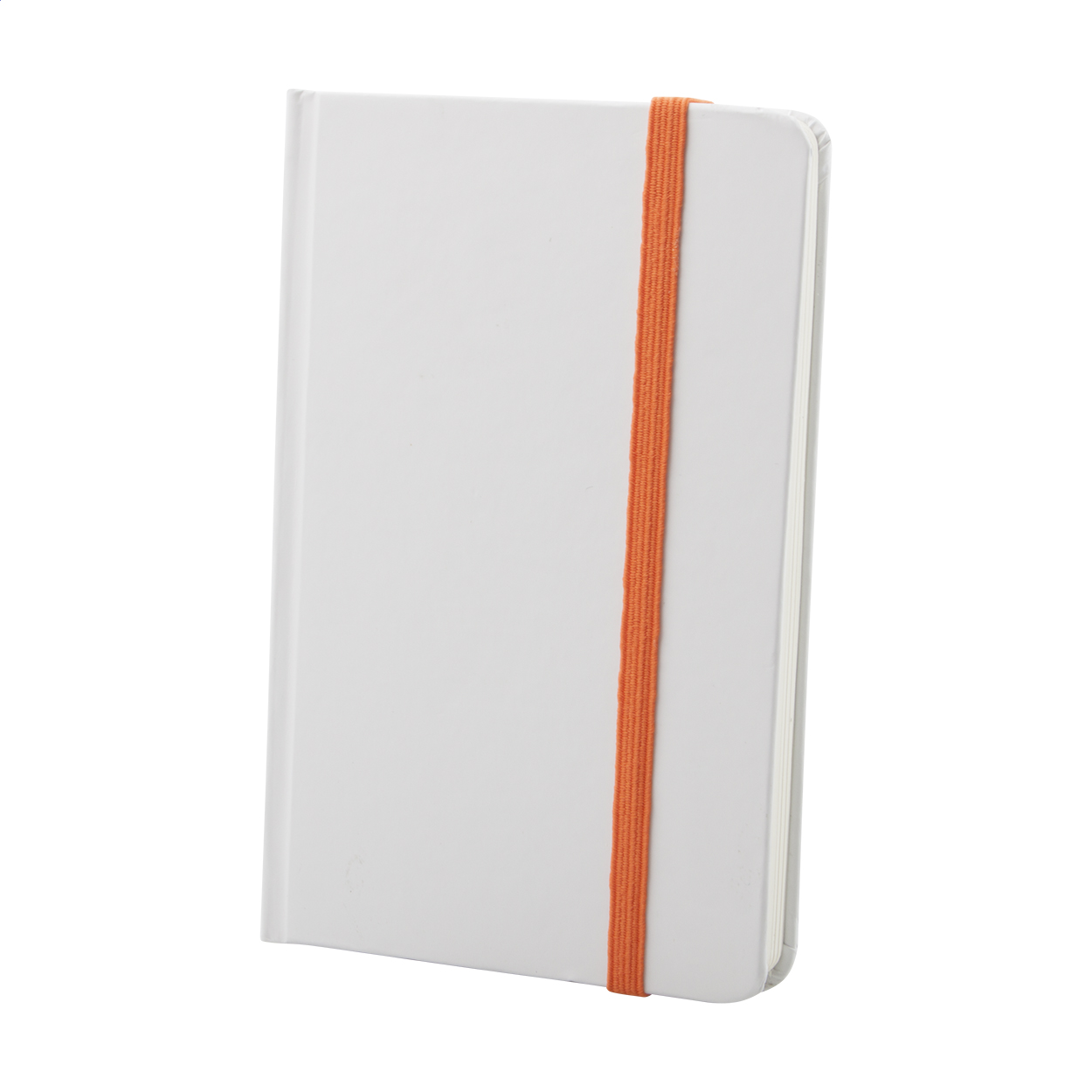 Carnet A6 Pendula personnalisé couverture carton blanc, élastique coloré imprimé avec logo