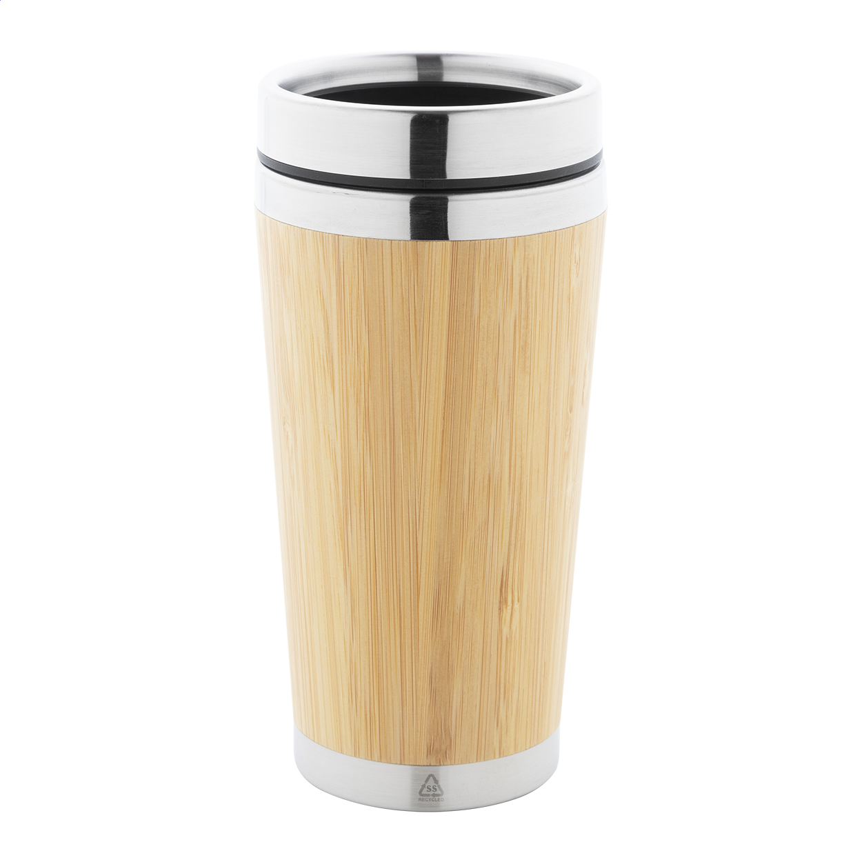 Gobelet isotherme Tooka en inox recyclé recouvert de bambou, 500 ml imprimé avec logo