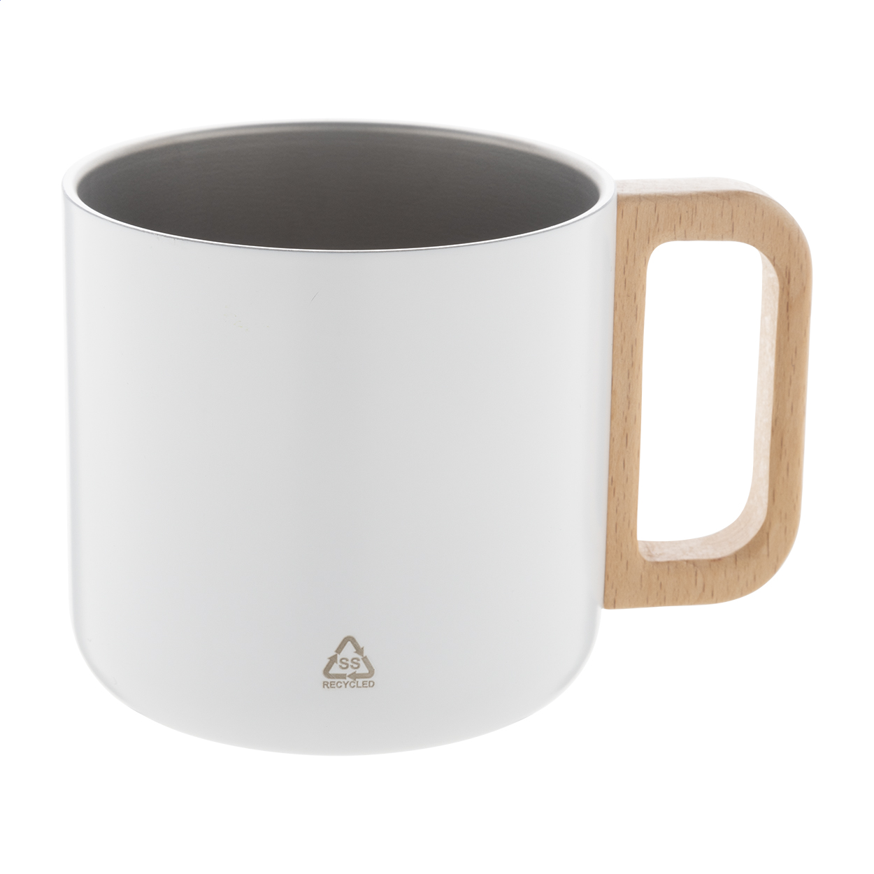 Mug isotherme Rewoo personnalisé en inox recyclé avec anse en bois, 350 ml imprimé avec logo