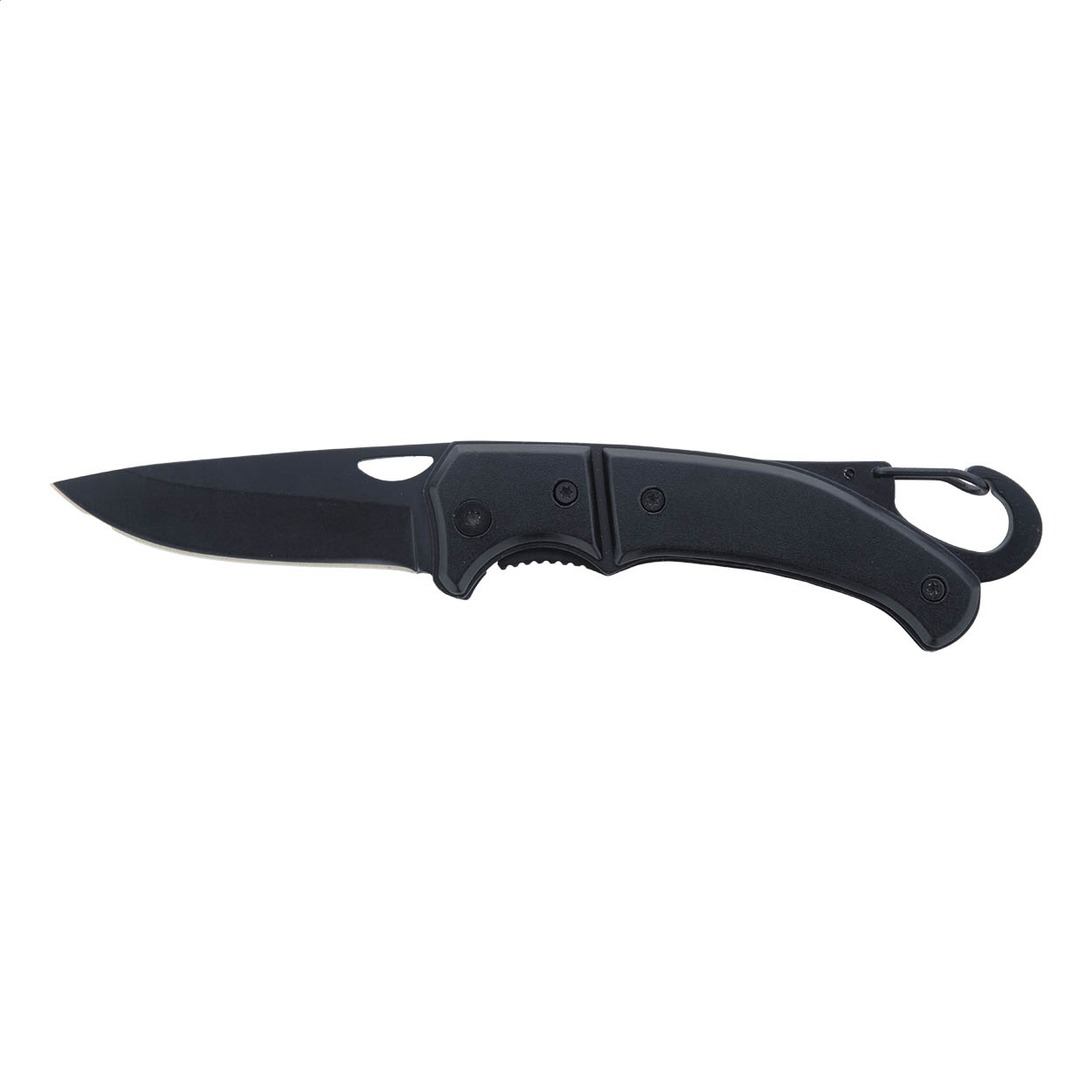 Couteau de poche Angus personnalisé tout noir, inox et aluminium, mousqueton imprimé avec logo