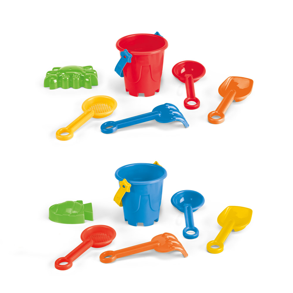 VALLARTA. Seau de plage en PP avec 5 accessoires : 3 pelles, 1 râteau, 1 poisson ou 1 crabe