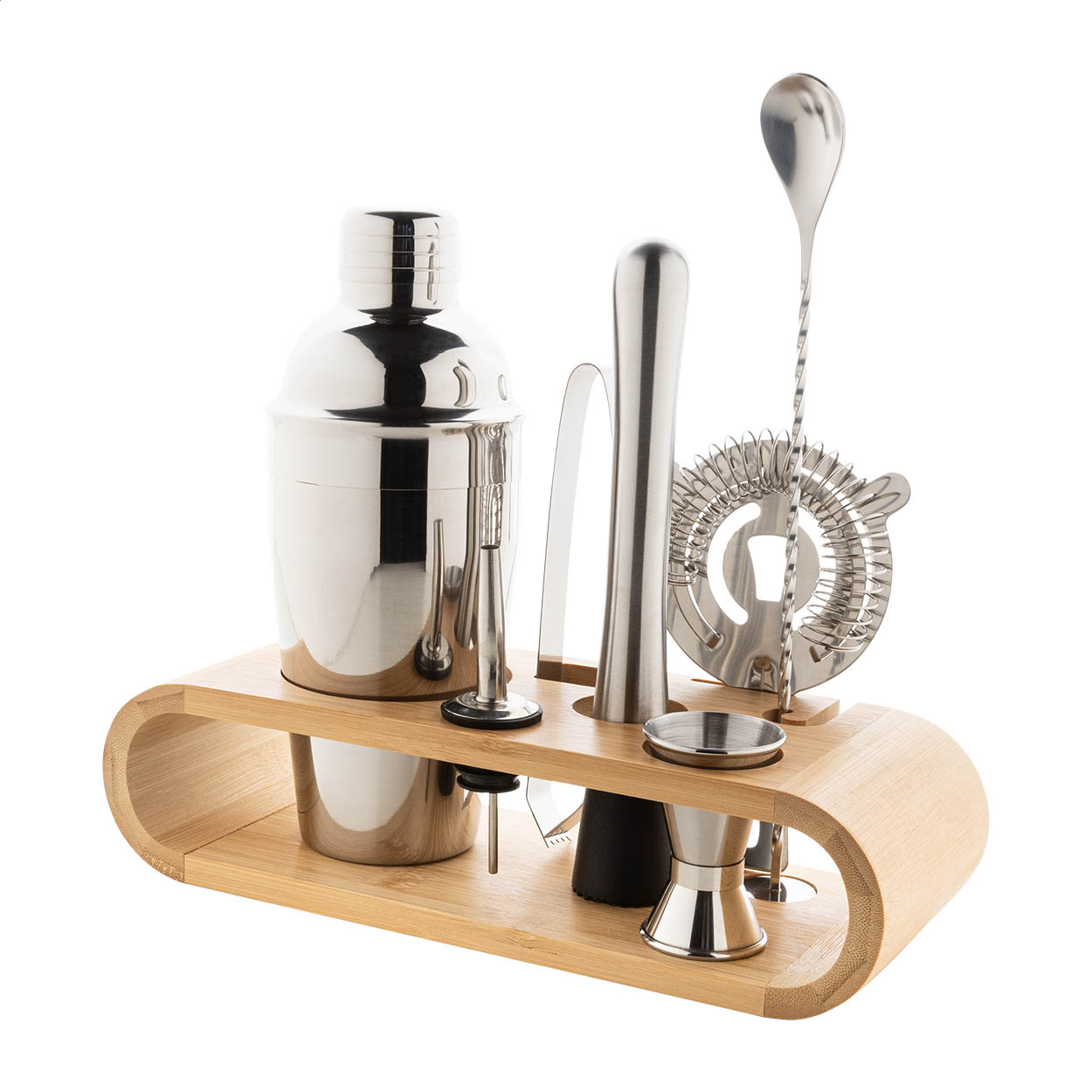 Set à cocktail 7 pièces Paloma en inox avec support en bambou imprimé avec logo