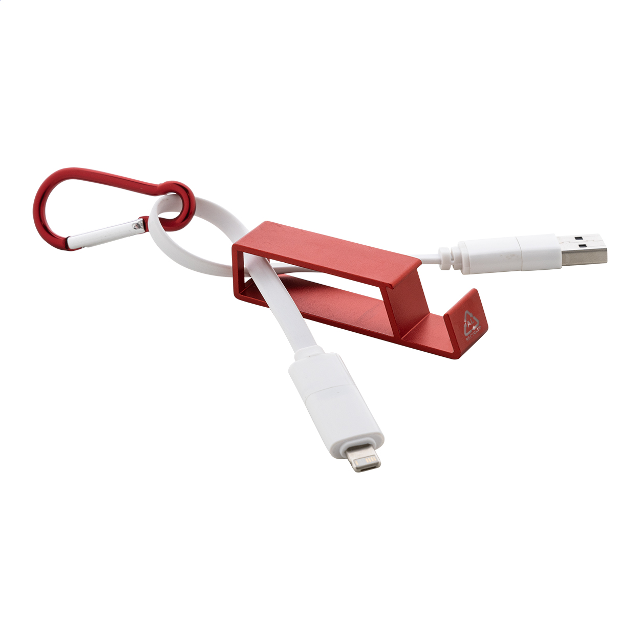 Cappy USB-Ladekabel mit Karabiner aus Recycling-Alu und Flaschenöffner bedrucken mit Logo